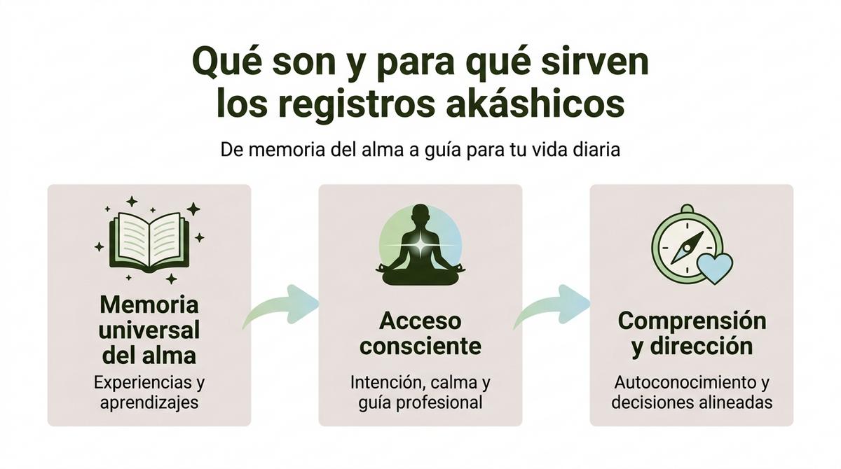Diagrama que muestra los registros akáshicos como memoria universal del alma y su acceso para obtener dirección vital.
