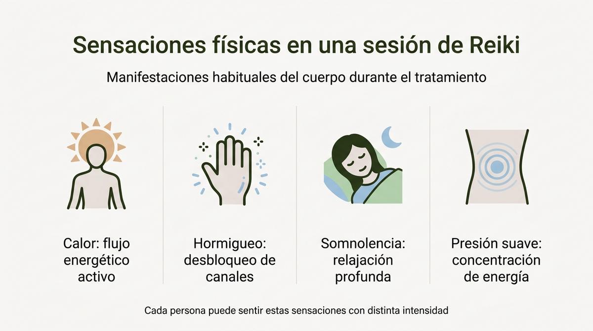 Infografía con cuatro columnas que resumen las sensaciones físicas más habituales durante una sesión de Reiki.