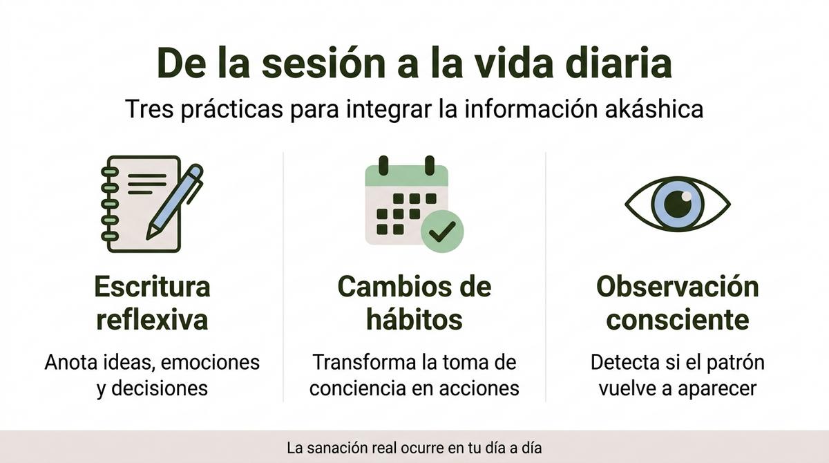 Infografía con tres prácticas para integrar una sesión de registros akáshicos en la rutina diaria.