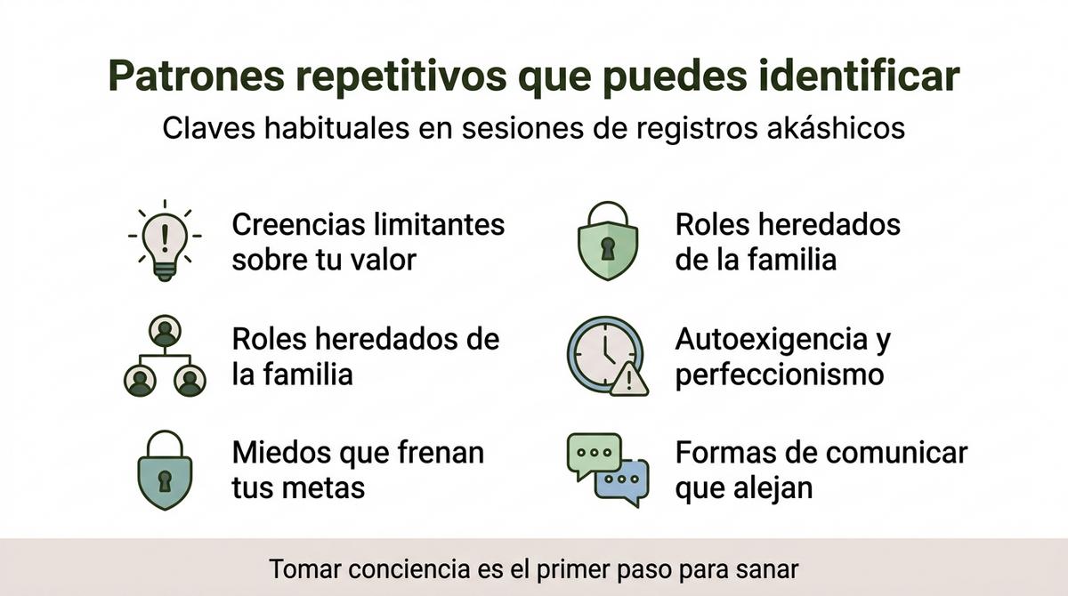 Infografía con una lista de patrones repetitivos habituales trabajados en sesiones de registros akáshicos.