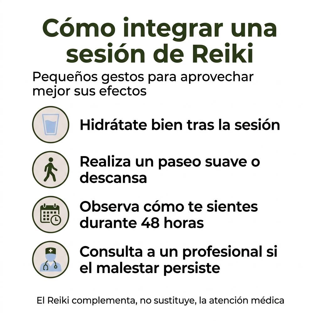 Infografía tipo checklist con pasos para integrar la experiencia después de una sesión de Reiki.
