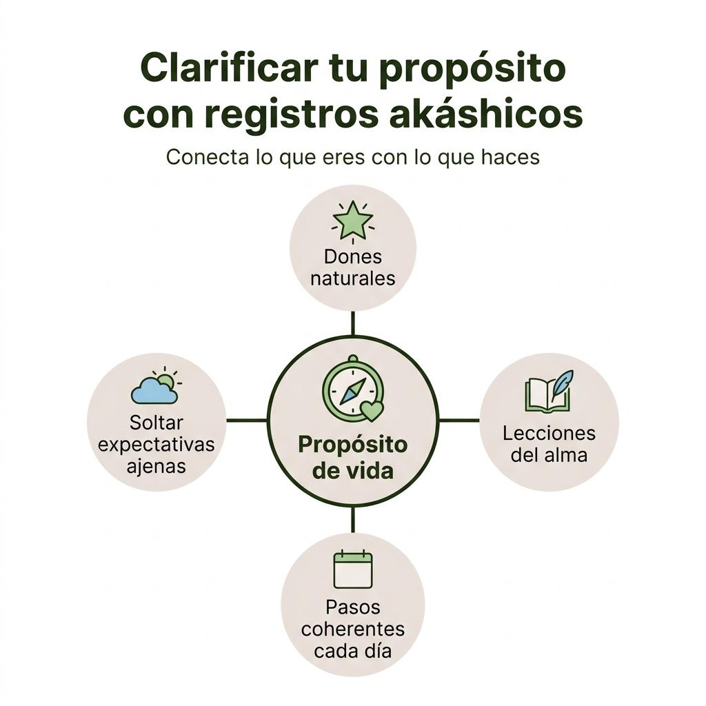 Mapa mental que relaciona propósito de vida con dones, lecciones del alma, pasos diarios y soltar expectativas.
