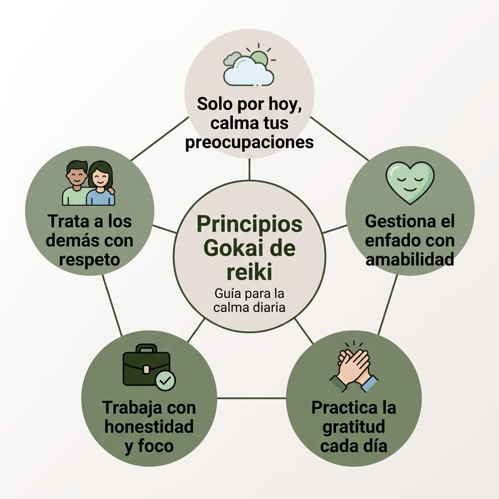 Diagrama con los cinco principios Gokai del reiki para fomentar la calma mental diaria