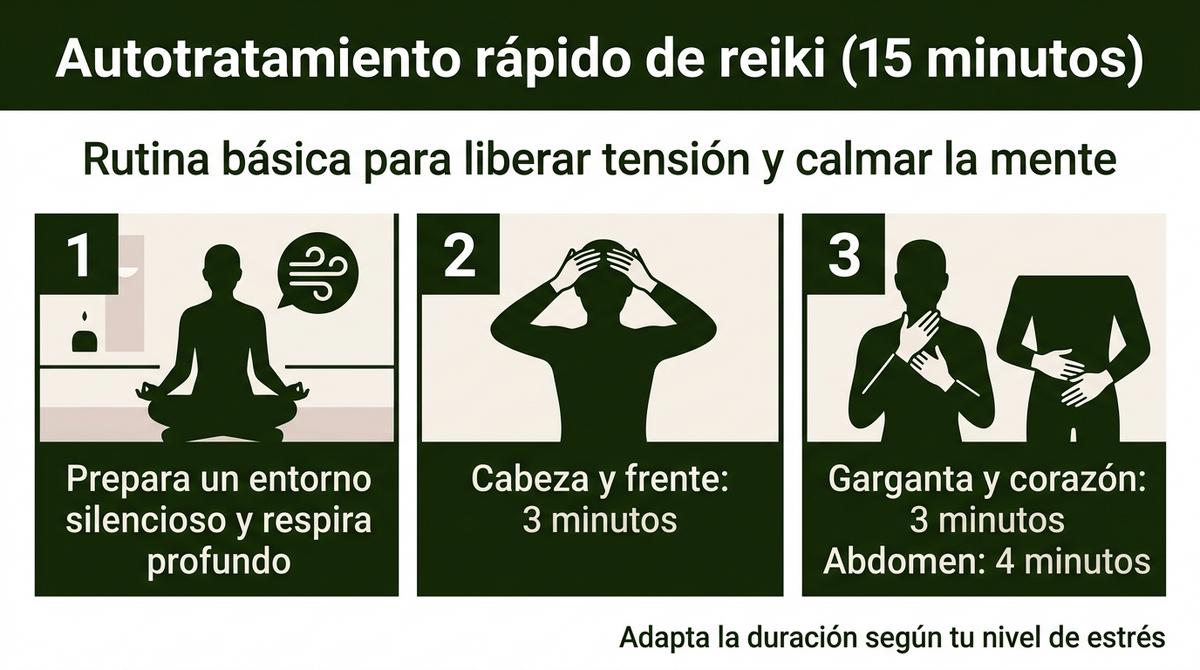 Infografía con los pasos básicos de un autotratamiento rápido de reiki de quince minutos