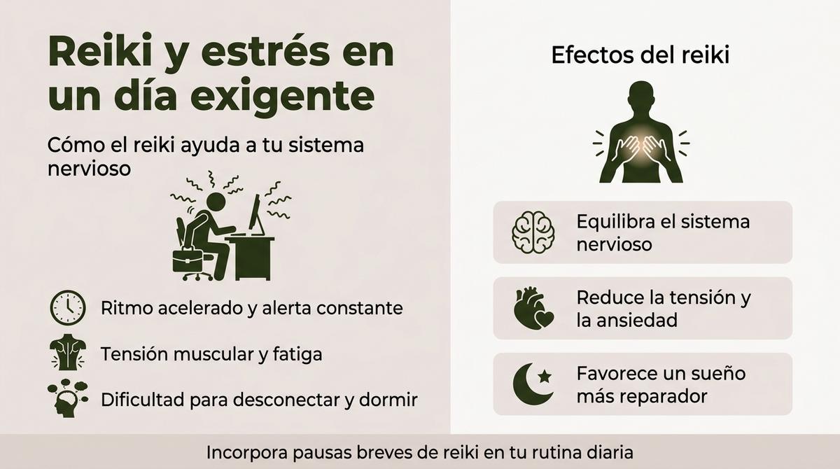 Infografía que resume cómo el reiki ayuda a reducir el estrés y mejorar el sueño en un día exigente