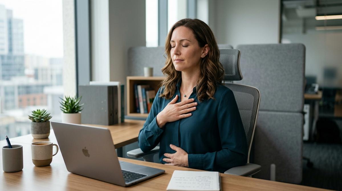 Mujer profesional haciendo una breve pausa de reiki en su escritorio antes de una reunión