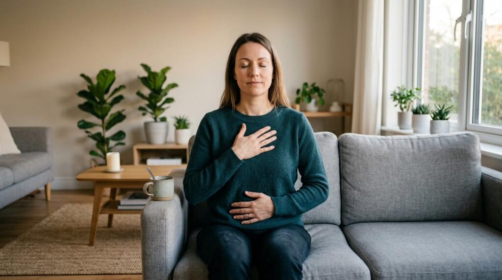 Mujer Profesional Practicando Reiki En El Salon De Su Casa Con Las Manos Sobre El Pecho Y El Abdomen En Un Ambiente Relajado