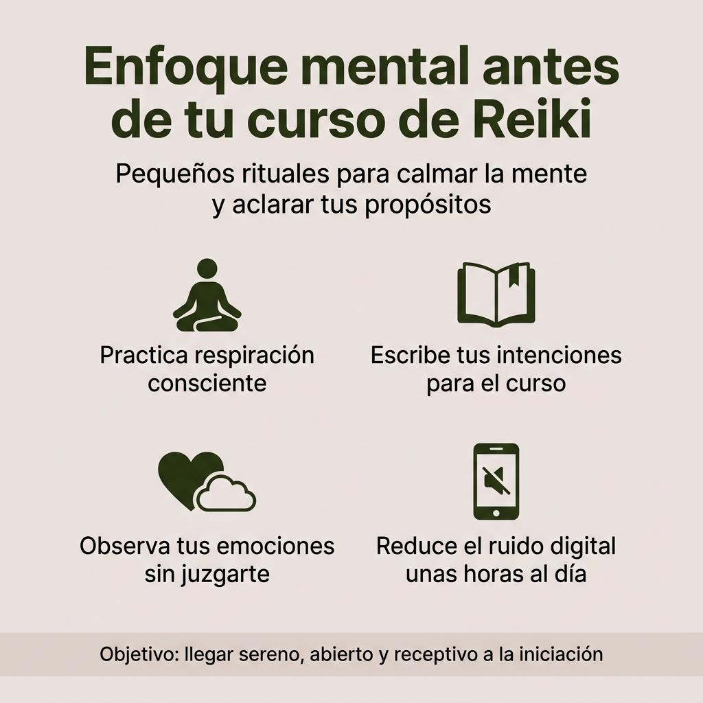 Diagrama con recomendaciones para preparar la mente antes de un curso de Reiki.
