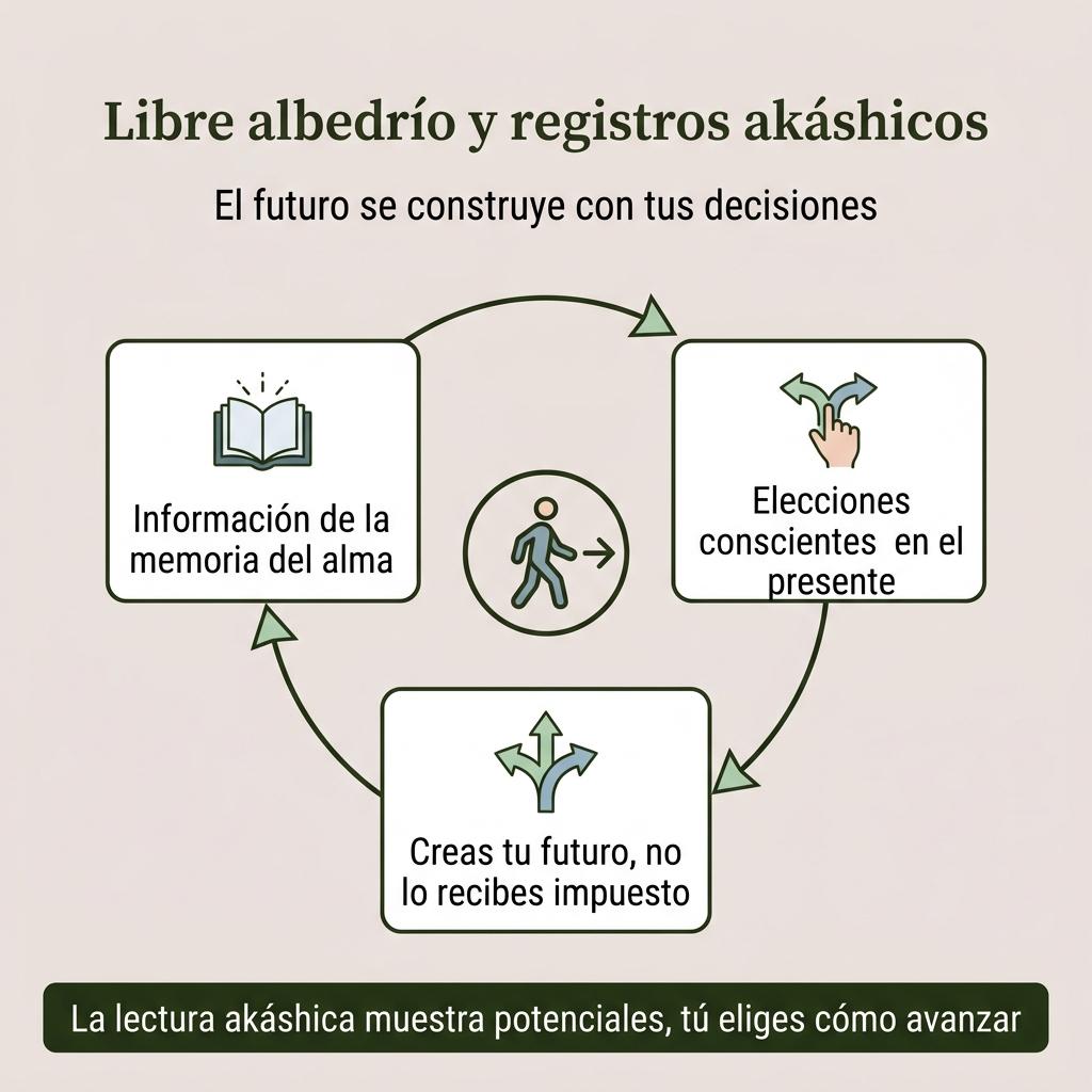 Diagrama de flujo que muestra cómo la información de los registros akáshicos se integra con el libre albedrío para crear el futuro.