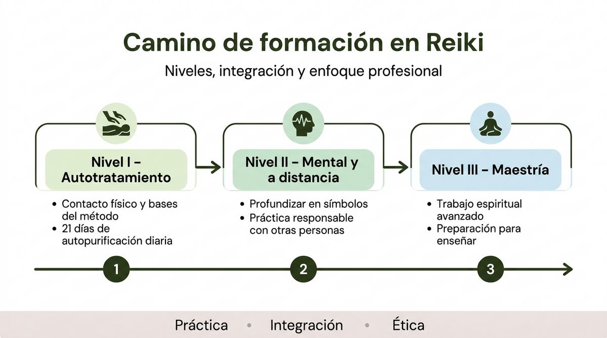 Diagrama en línea de tiempo con los tres niveles de formación en Reiki y sus periodos de integración
