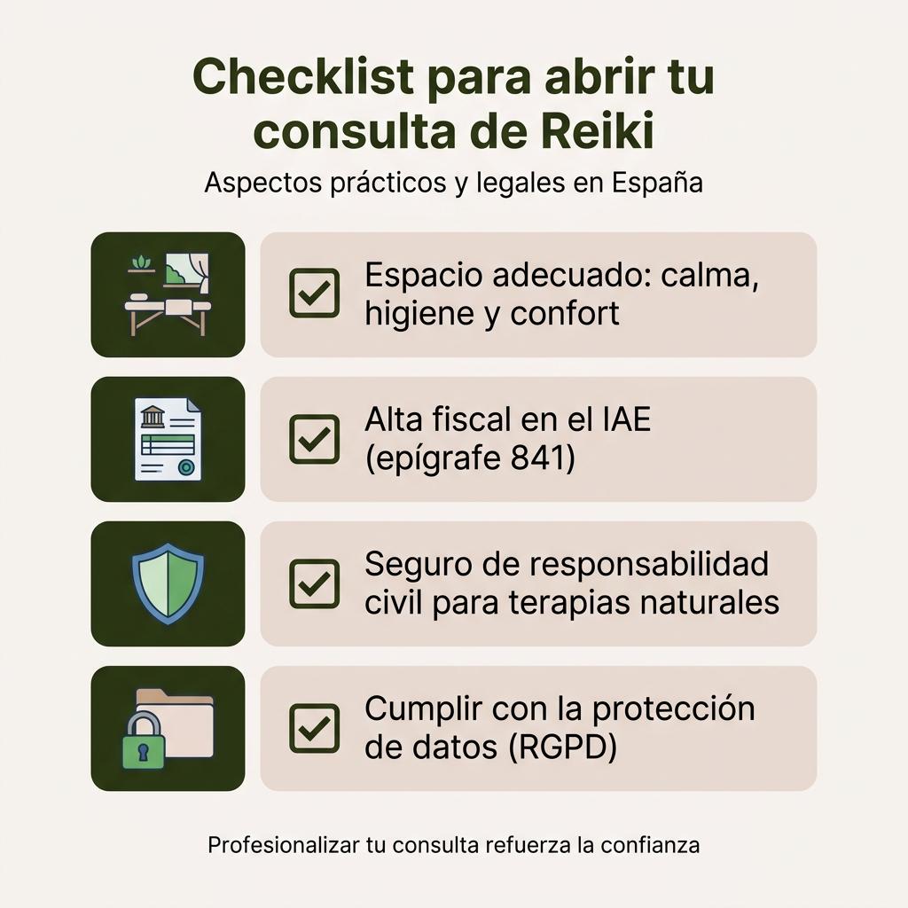 Diagrama tipo checklist con cuatro requisitos para abrir una consulta de Reiki en España