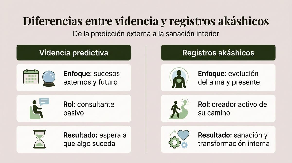 Infografía comparativa que muestra las diferencias clave entre videncia predictiva y registros akáshicos.