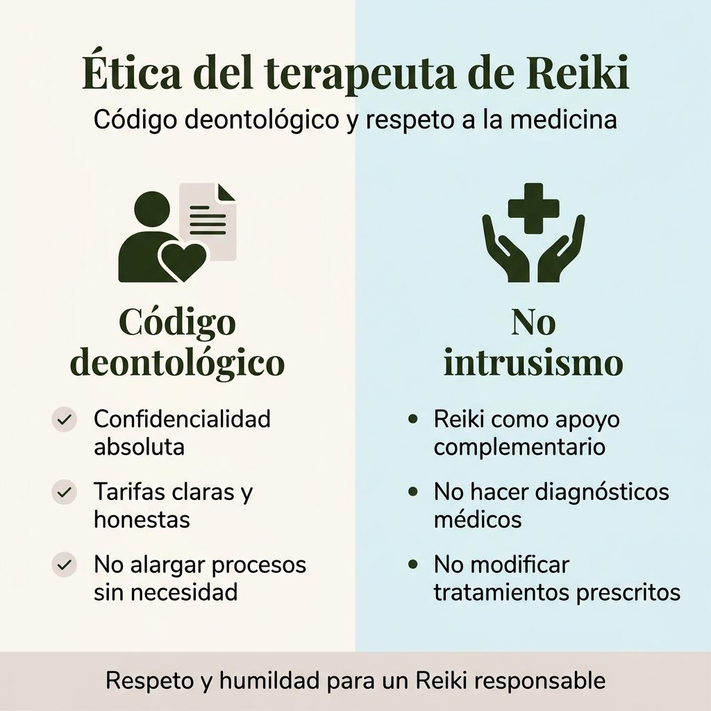 Infografía con dos columnas que resumen el código deontológico y el principio de no intrusismo del terapeuta de Reiki