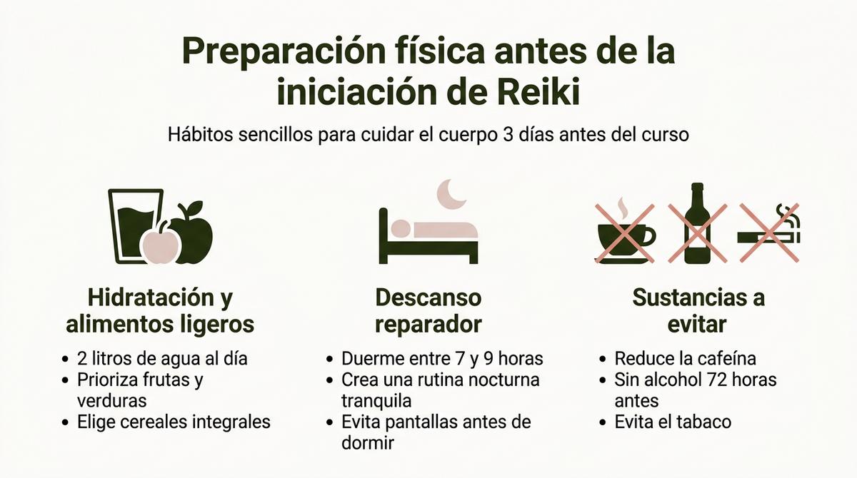 Infografía con hábitos físicos recomendados antes de una iniciación de Reiki.