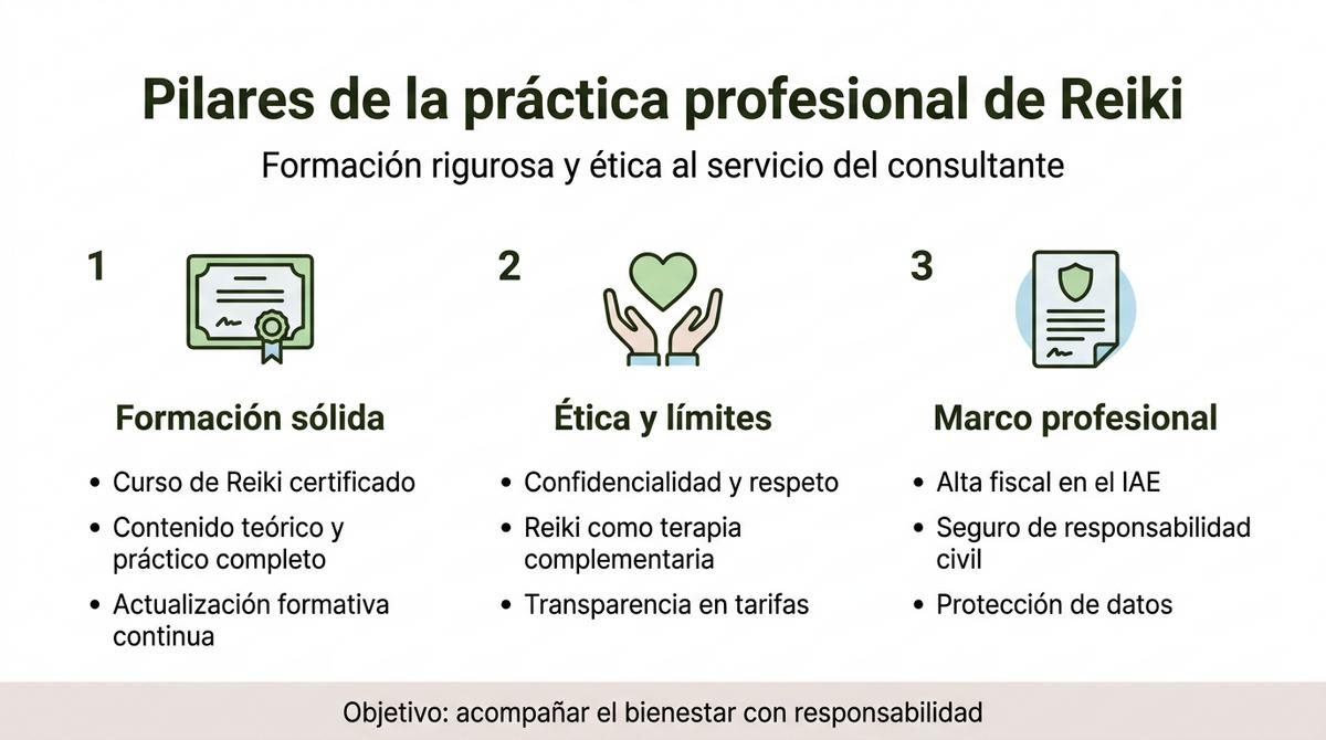 Infografía con tres columnas que explican formación sólida, ética y marco profesional en Reiki