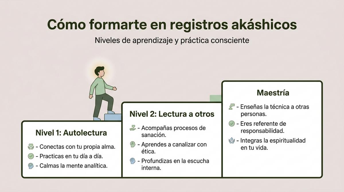 Infografía que muestra los tres niveles principales de formación en registros akáshicos como escalones de aprendizaje.