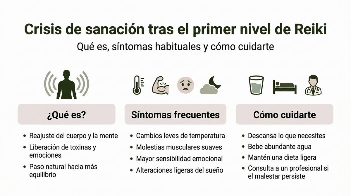 Infografía que resume la crisis de sanación tras el primer nivel de Reiki con definición, síntomas y cuidados básicos.