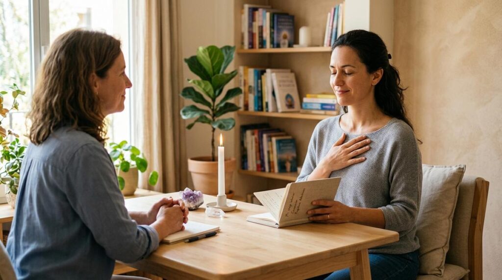 Mujer En Consulta Espiritual Tranquila Manteniendo Una Sesion Introspectiva Con Una Terapeuta En Un Despacho Luminoso