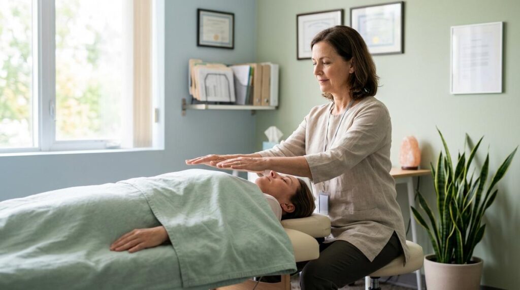 Terapeuta De Reiki Profesional Realizando Una Sesion En Una Consulta Luminosa Con Diplomas En La Pared