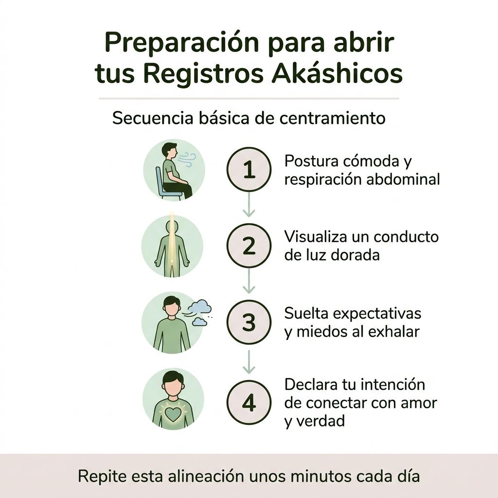 Diagrama con cuatro pasos básicos de preparación para abrir los Registros Akáshicos mediante respiración, visualización e intención.