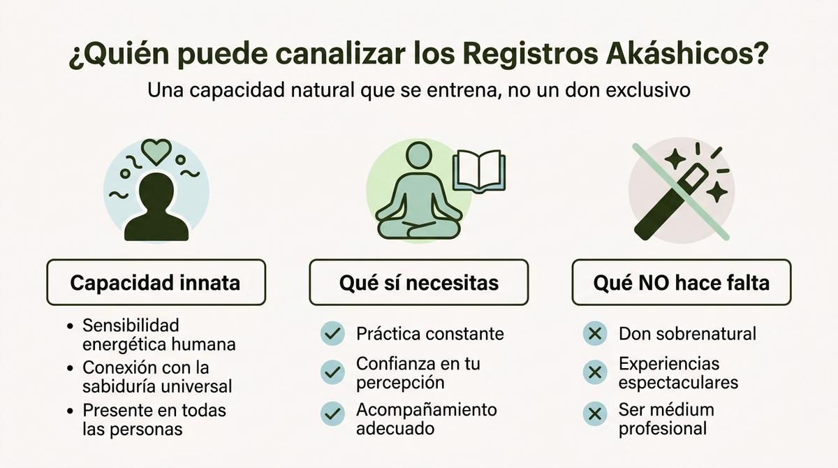 Diagrama que explica que canalizar los Registros Akáshicos es una capacidad natural que se entrena y no un don exclusivo.