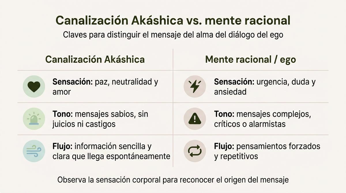 Infografía comparativa entre la canalización akáshica y la mente racional mostrando diferencias en sensación, tono y flujo del mensaje.