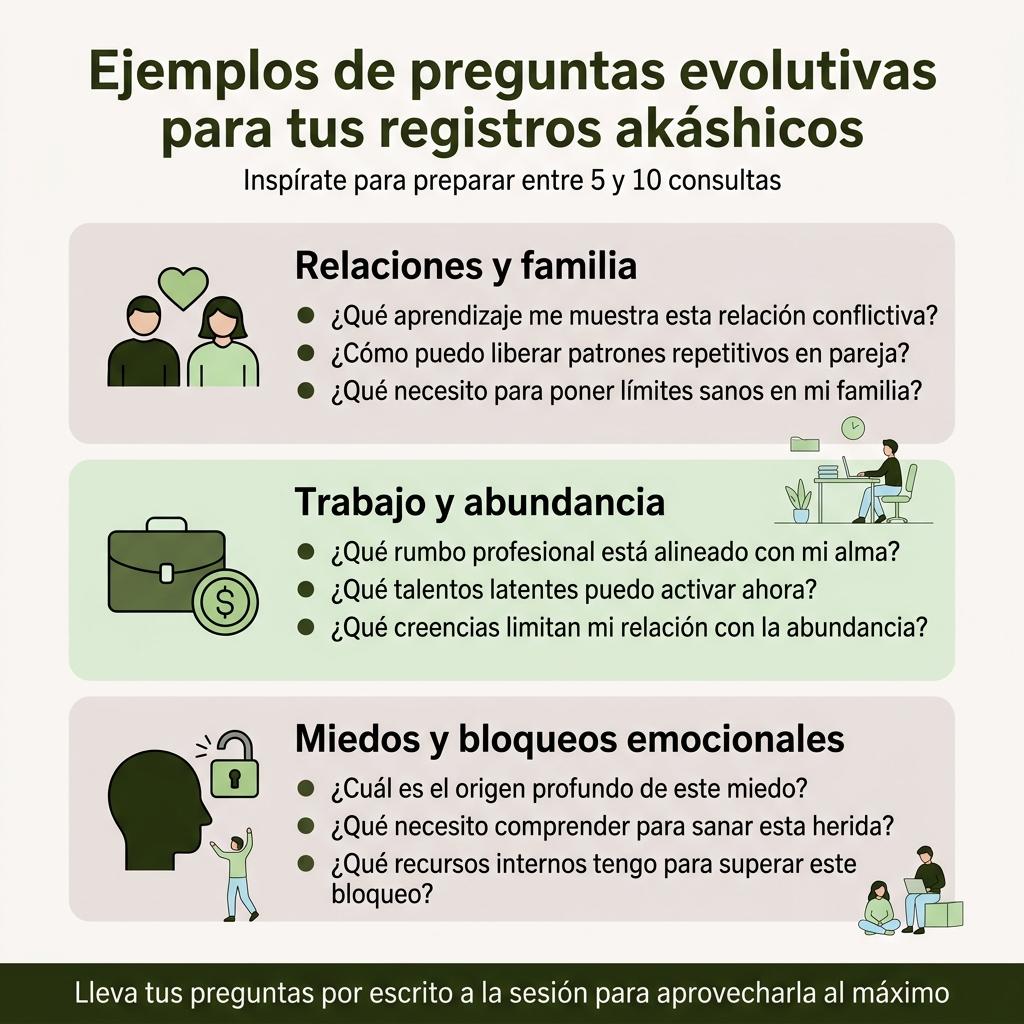 Infografía con ejemplos de preguntas evolutivas para una lectura de registros akáshicos en relaciones, trabajo y miedos.