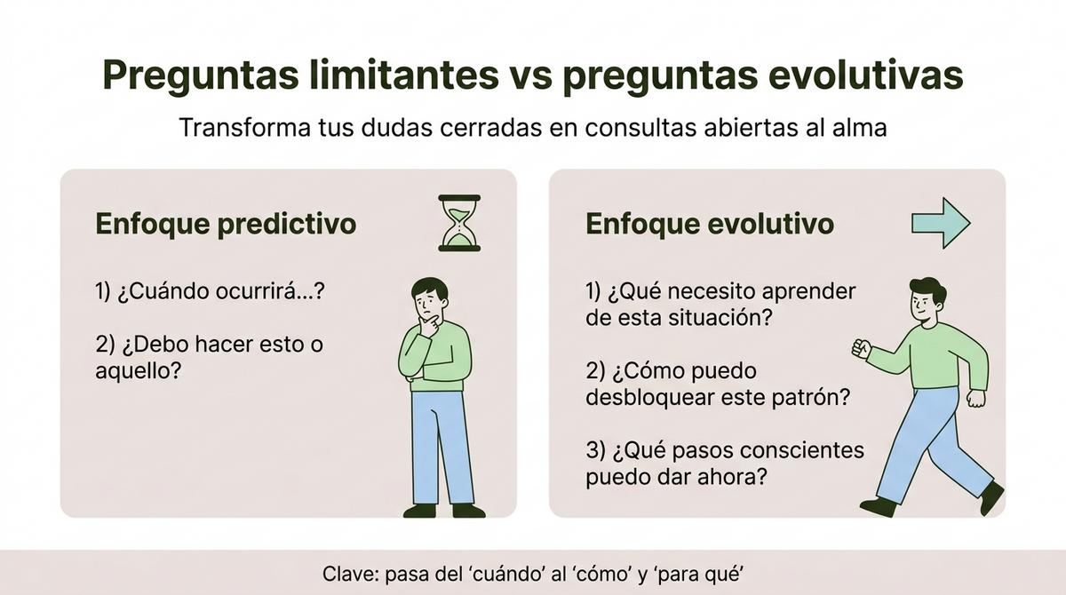 Infografía que compara preguntas predictivas con preguntas evolutivas para una lectura de registros akáshicos.