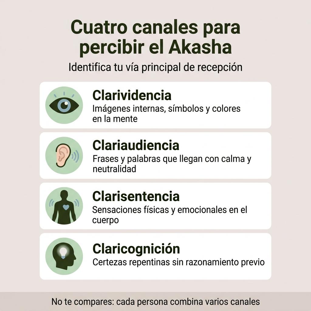 Infografía que muestra los cuatro canales de percepción para conectar con el Akasha: clarividencia, clariaudiencia, clarisentencia y claricognición.