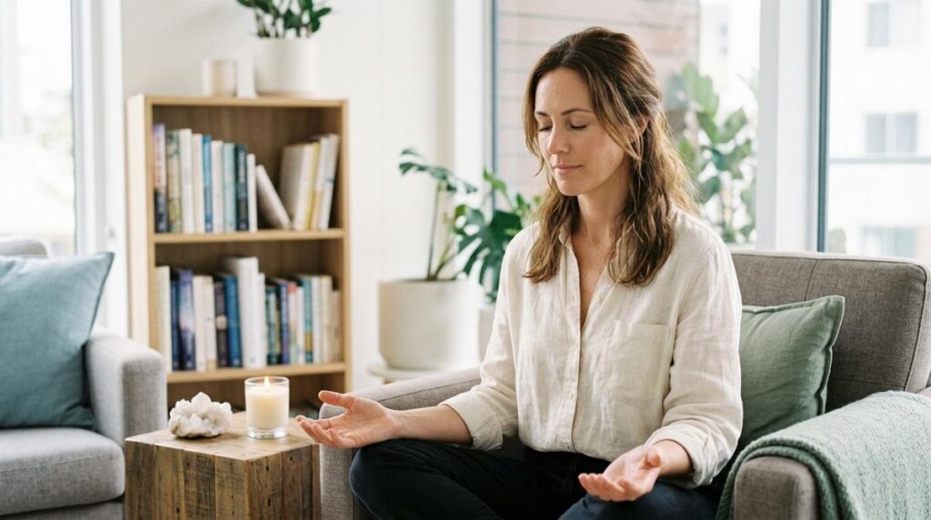 Mujer Adulta Meditando En Un Salon Luminoso Con Elementos Sutiles De Trabajo Espiritual Sobre La Mesa