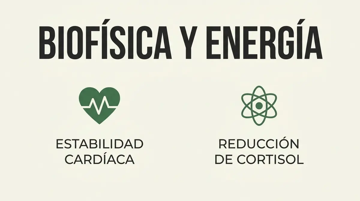 Infografía técnica en tonos crema y verde sobre los efectos biofísicos de la terapia energética.