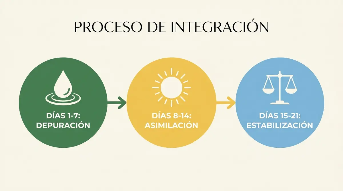 Infografía del ciclo de integración de Reiki de 21 días dividido en tres fases principales.