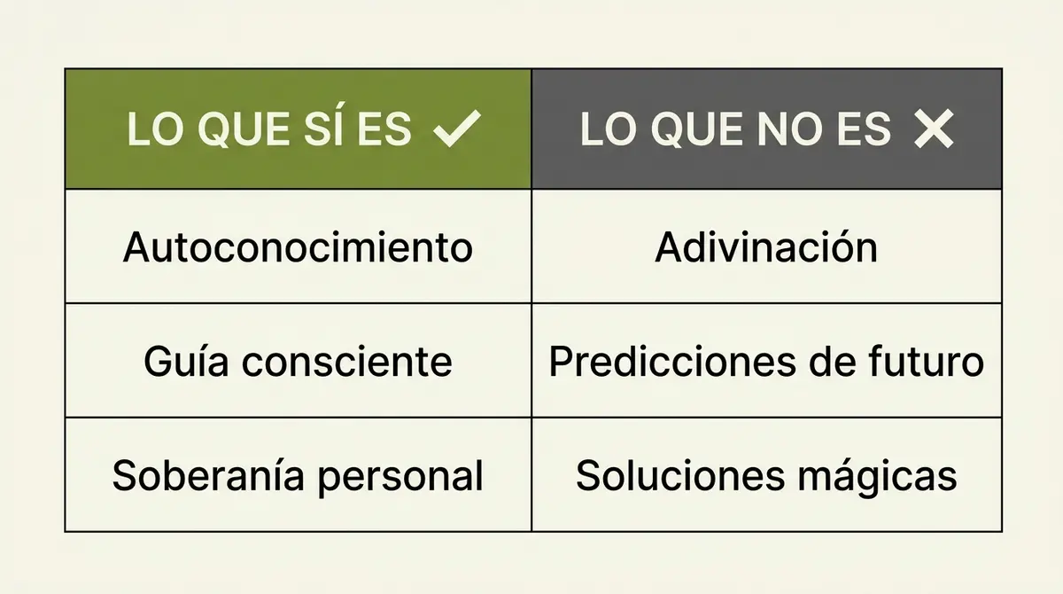 Infografía sobre el alcance y límites de una lectura de registros akáshicos comparando lo que sí es y lo que no es