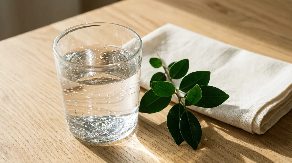 Detalle zen de un vaso de agua pura junto a una rama verde, simbolizando las pautas de autocuidado y depuración física tras una sintonización energética.