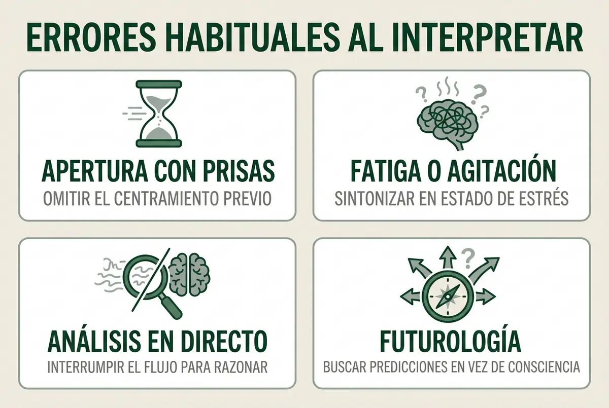 Esquema de cuatro tarjetas modulares con los errores frecuentes en la lectura akáshica