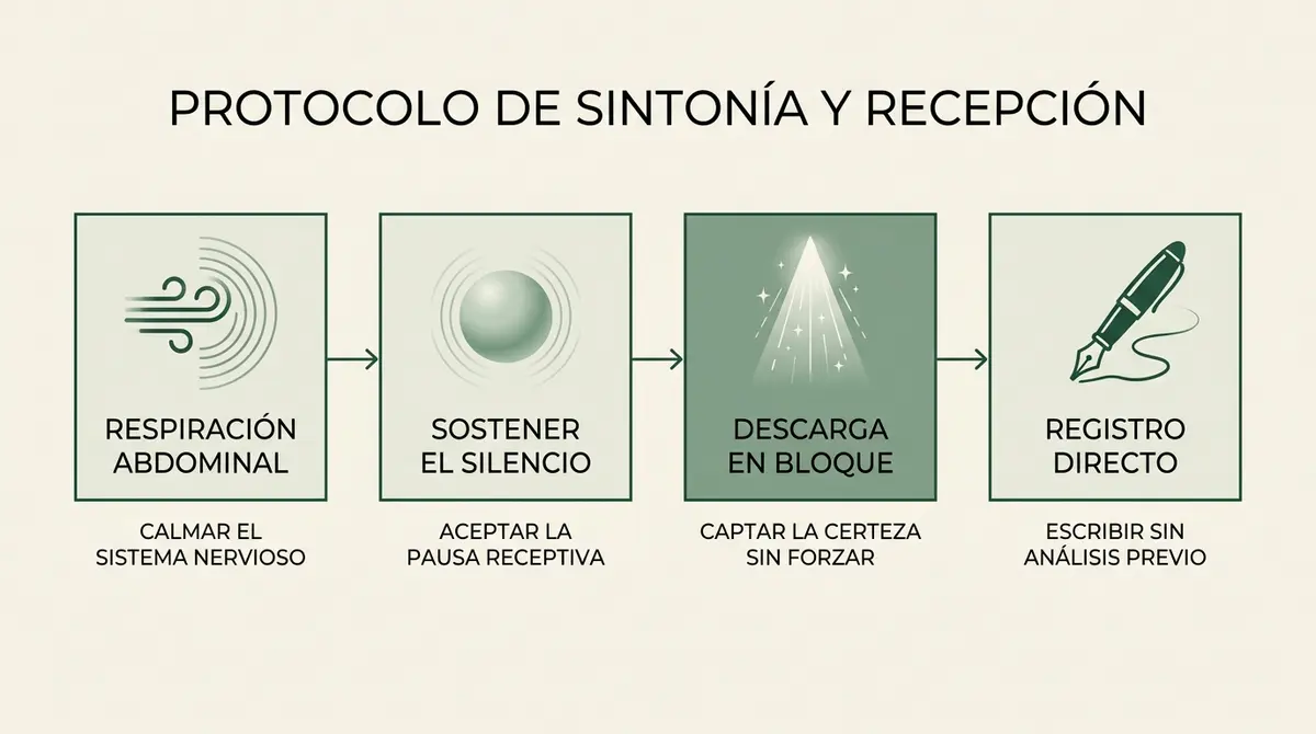 Diagrama de flujo horizontal con las cuatro fases para una lectura limpia de registros akáshicos