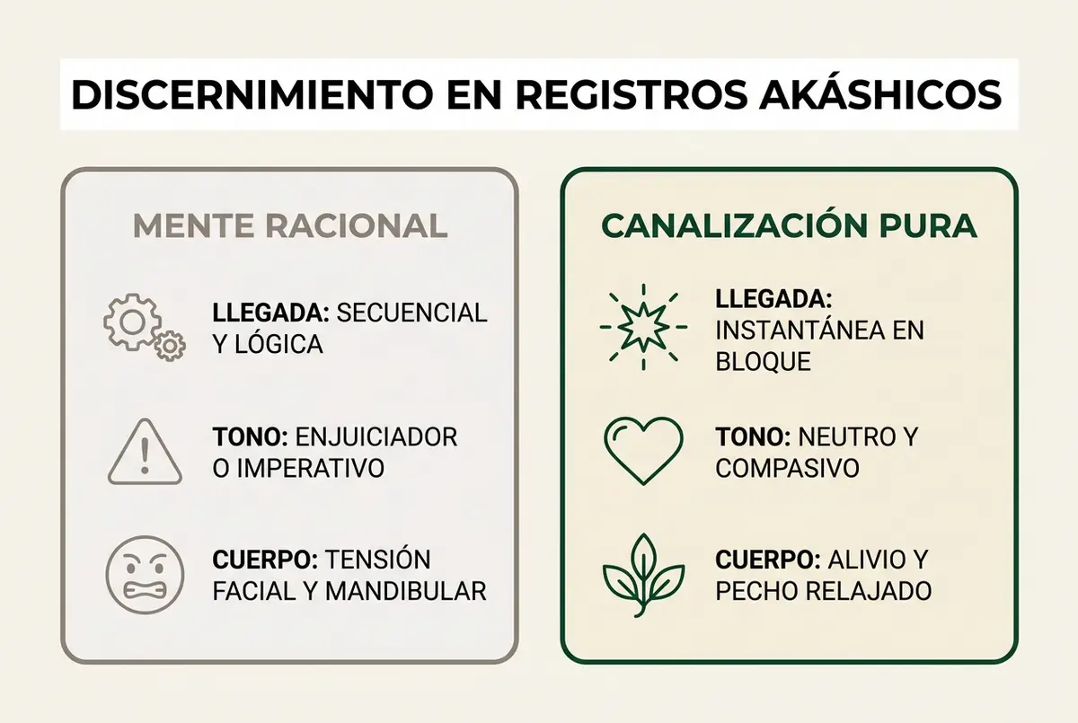 Tabla visual comparativa entre las señales de la mente racional y la canalización auténtica en registros akáshicos